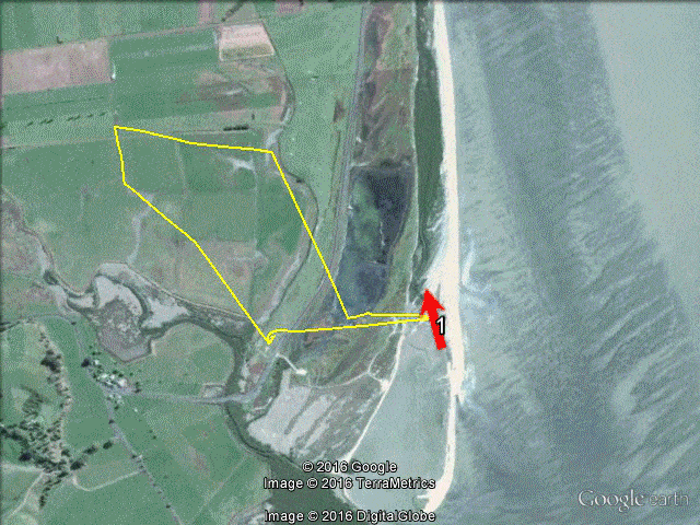 The drone flight path (yellow), photo-point locations and directions (red arrows) and example photo-point view (photo-point 4).
